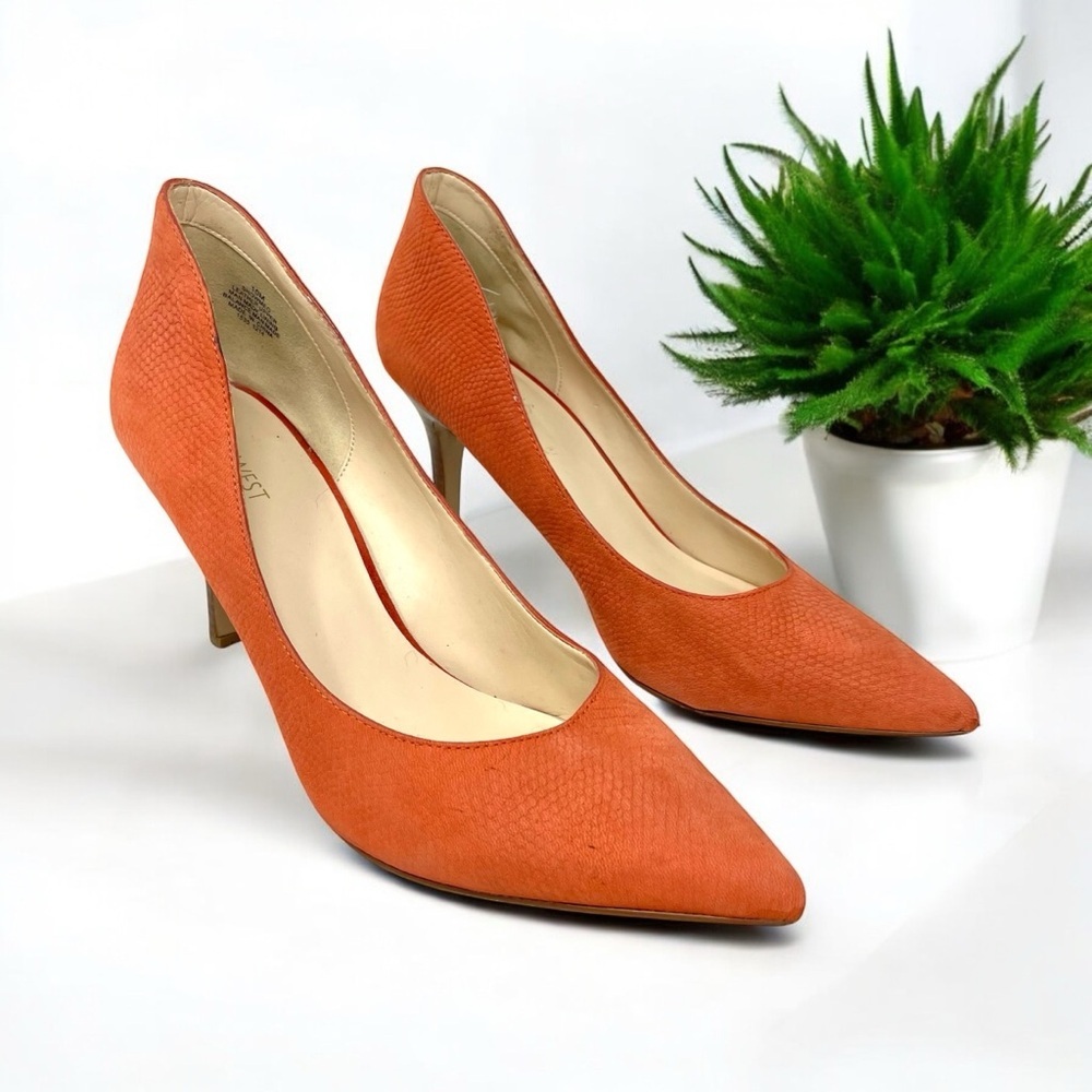 Nine West Show Me Orange Nubuck Mono Snake Embossed Pointed Toe Pumps Size 10